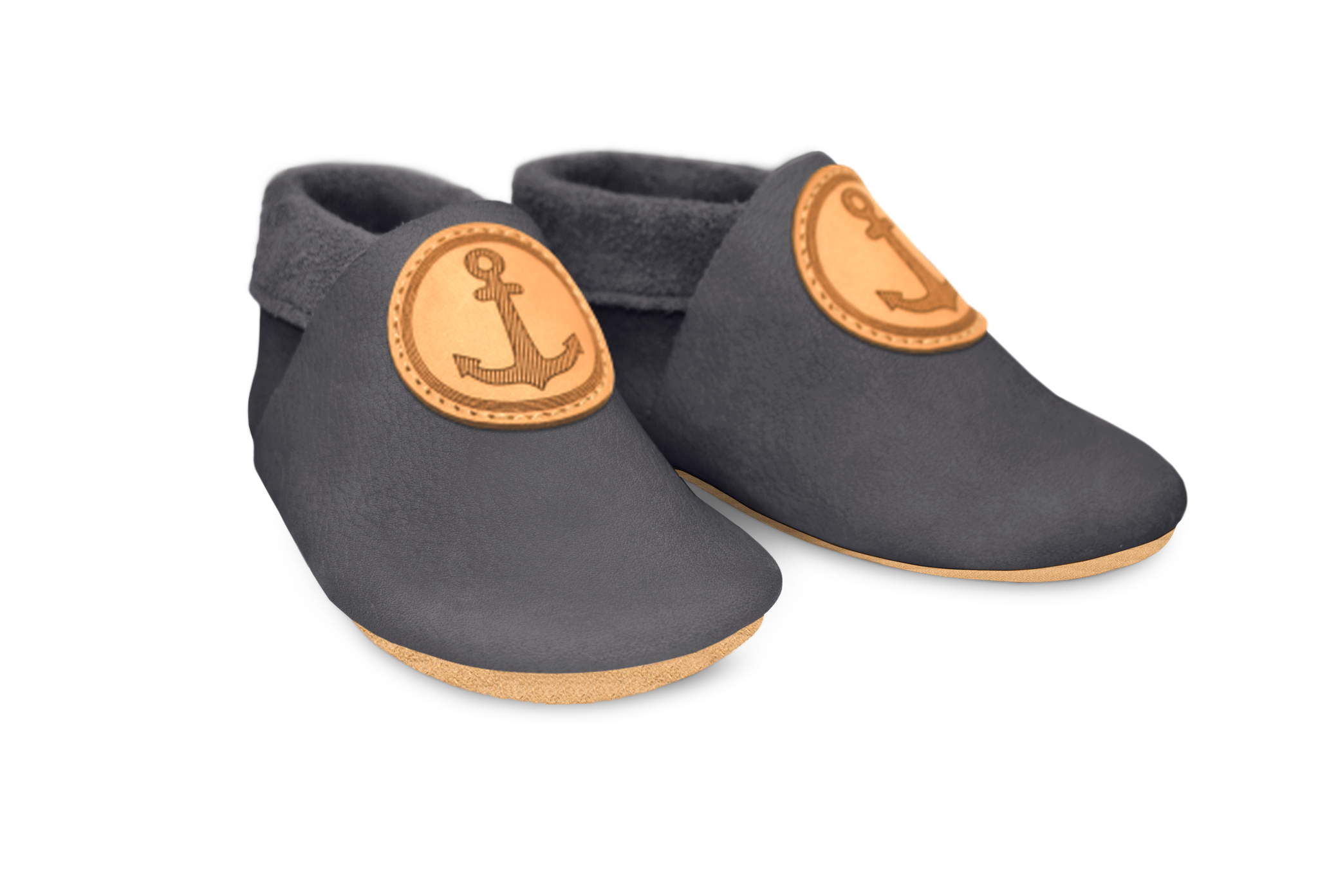 Krabbelschuhe Anker in Mausgrau, Paar schräg von vorn