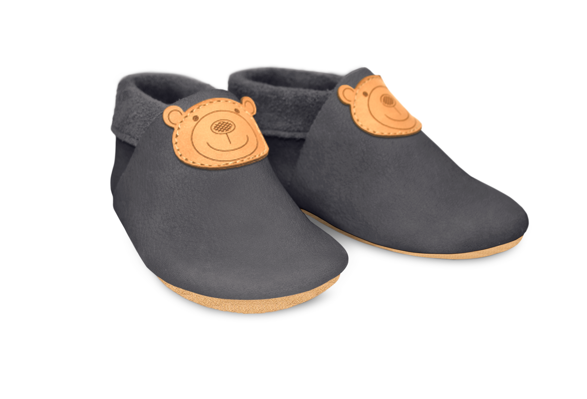Krabbelschuhe Bär in Mausgrau, Paar schräg von vorn