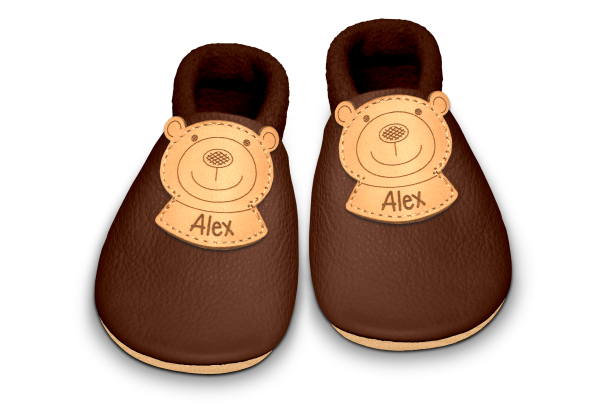 Krabbelschuhe Bär mit Namen in Brownie, Paar von oben