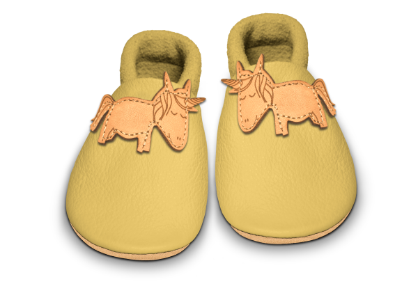 Krabbelschuhe Einhorn in Kiwi Gold, Paar von oben
