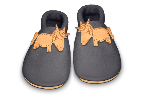 Krabbelschuhe Einhorn in Mausgrau, Paar von oben