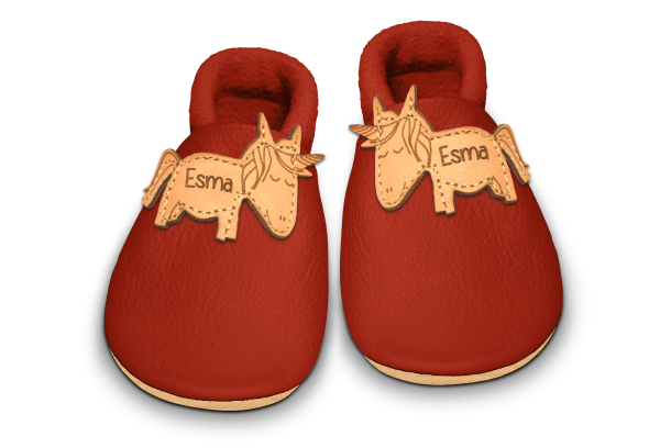 Krabbelschuhe Einhorn mit Namen in Rosty, Paar von oben