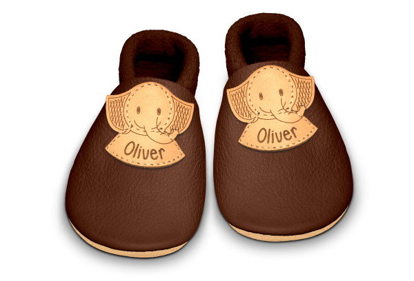Krabbelschuhe Elefant mit Namen in Brownie, Paar von oben