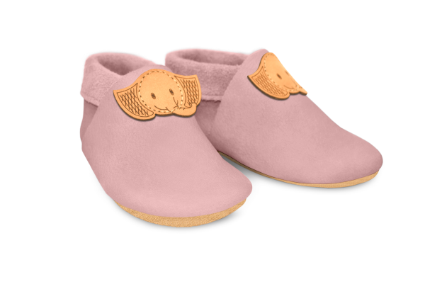 Krabbelschuhe Elefant in Rosa, Paar schräg von vorn