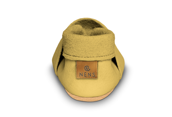 Krabbelschuhe Eule in Kiwi Gold, Ferse mit NENS-Label
