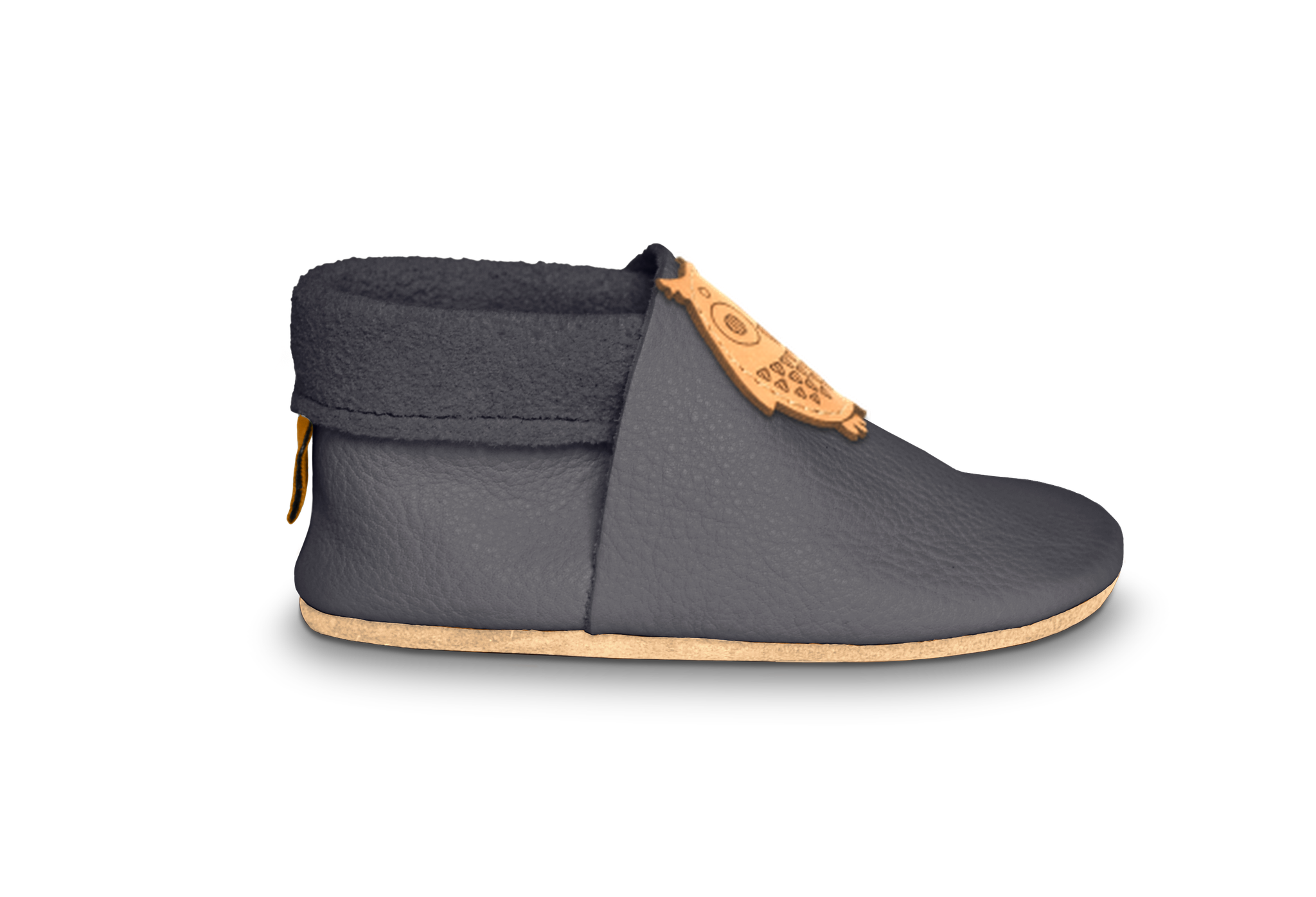 Krabbelschuhe Eule in Mausgrau, Seitenansicht