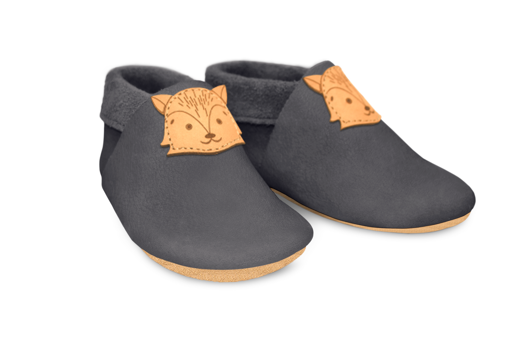 Krabbelschuhe Fuchs in Mausgrau, Paar schräg von vorn