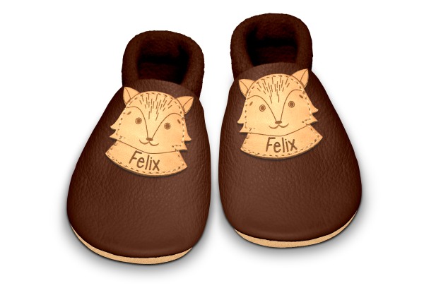 Krabbelschuhe Fuchs mit Namen in Brownie, Paar von oben
