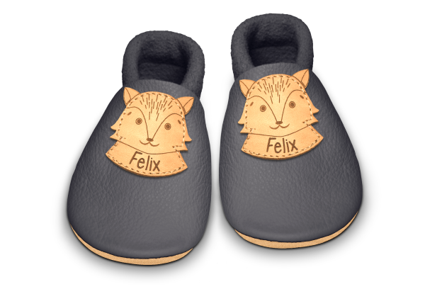Krabbelschuhe Fuchs mit Namen in Mausgrau, Paar von oben