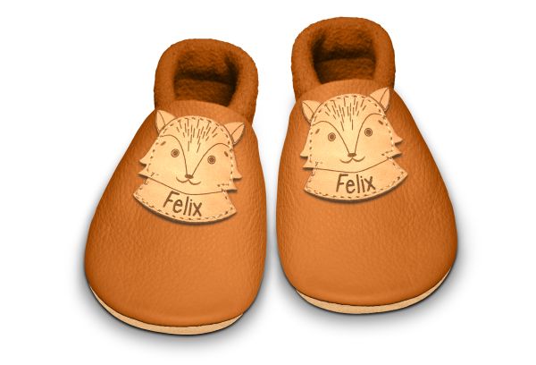 Krabbelschuhe Fuchs mit Namen in Nugat, Paar von oben