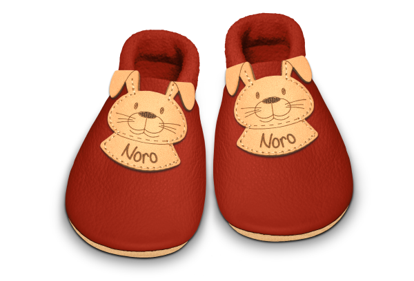 Krabbelschuhe Hase mit Namen in Rosty, Paar von oben