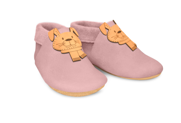 Krabbelschuhe Hase in Rosa, Paar schräg von vorn
