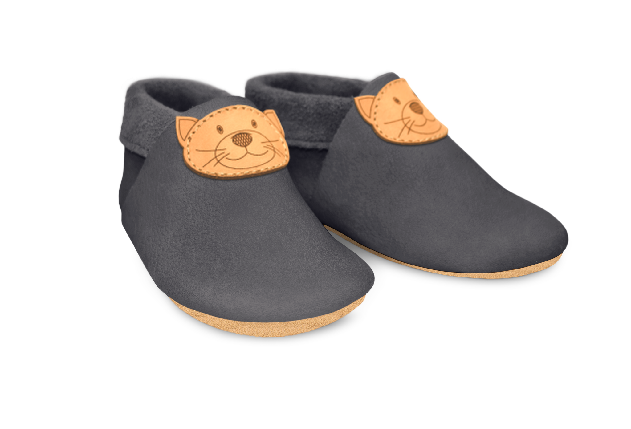 Krabbelschuhe Katze in Mausgrau, Paar schräg von vorn