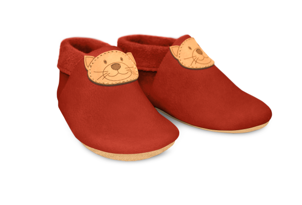 Krabbelschuhe Katze in Rosty, Paar schräg von vorn