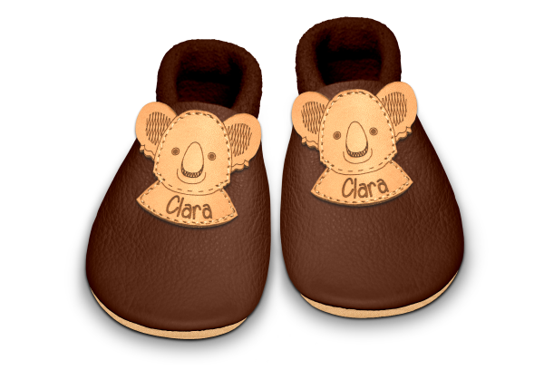 Krabbelschuhe Koala mit Namen in Brownie, Paar von oben