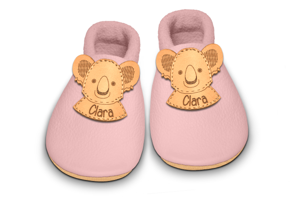 Krabbelschuhe Koala mit Namen in Rosa, Paar von oben