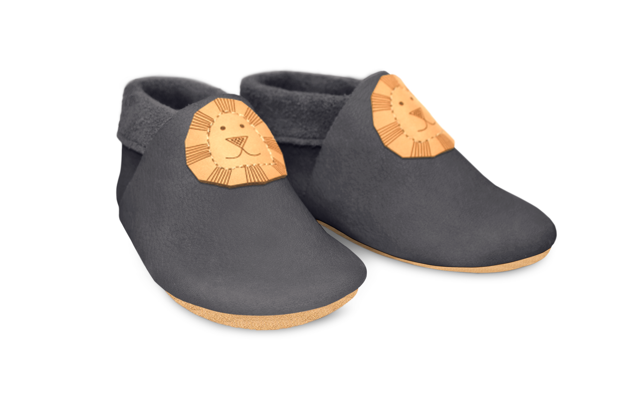 Krabbelschuhe Löwe in Mausgrau, Paar schräg von vorn