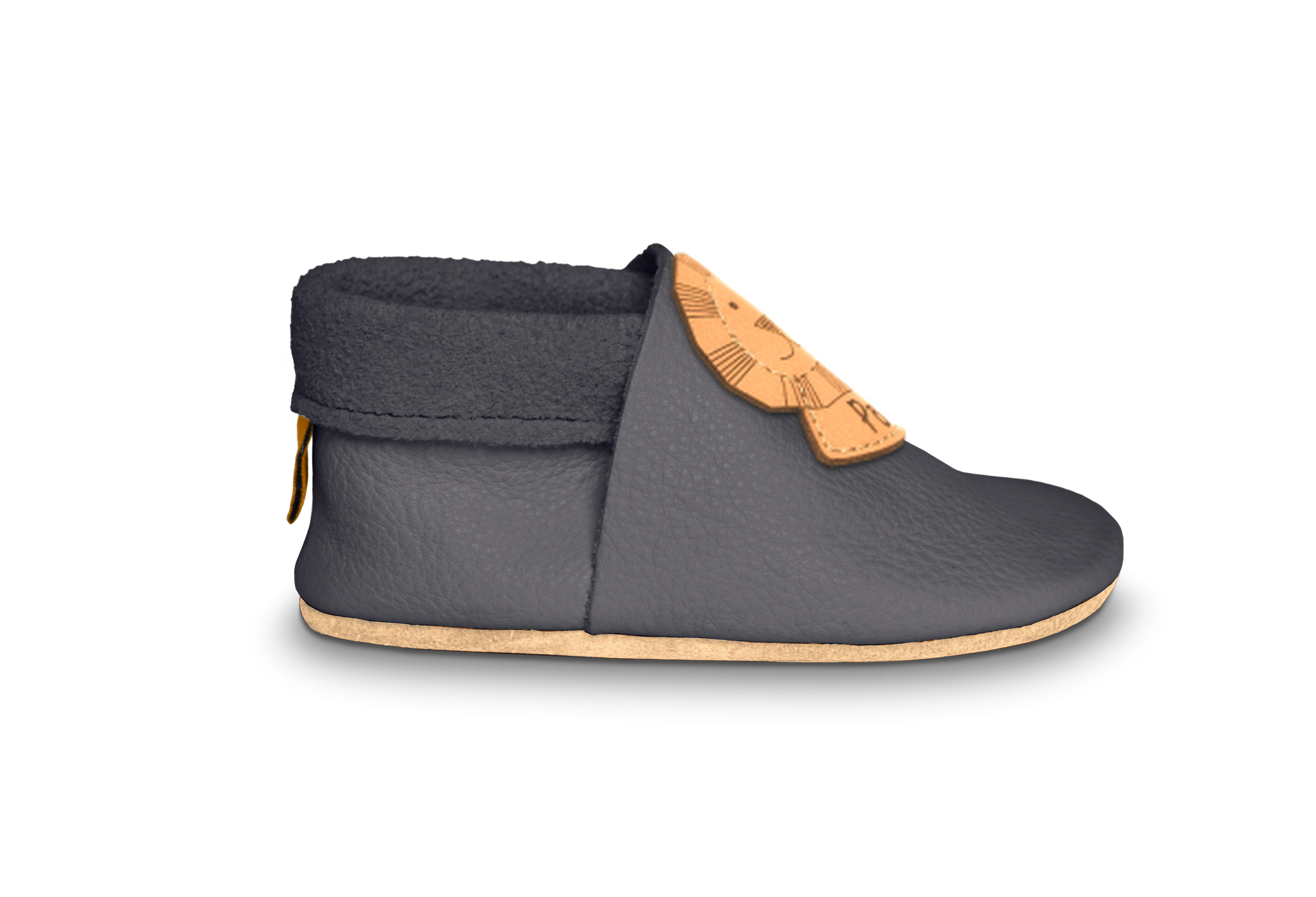 Krabbelschuhe Löwe mit Namen in Mausgrau, Seitenansicht