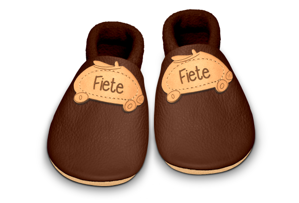 Krabbelschuhe Rennauto mit Namen in Brownie, Paar von oben