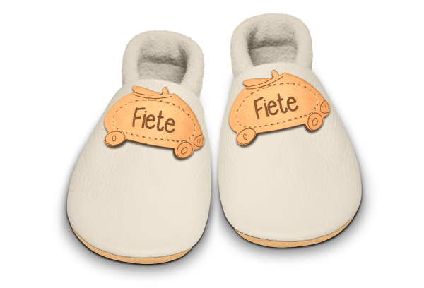 Krabbelschuhe Rennauto mit Namen in Tara, Paar von oben