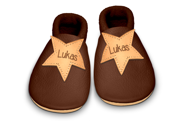 Krabbelschuhe Stern mit Namen in Brownie, Paar von oben