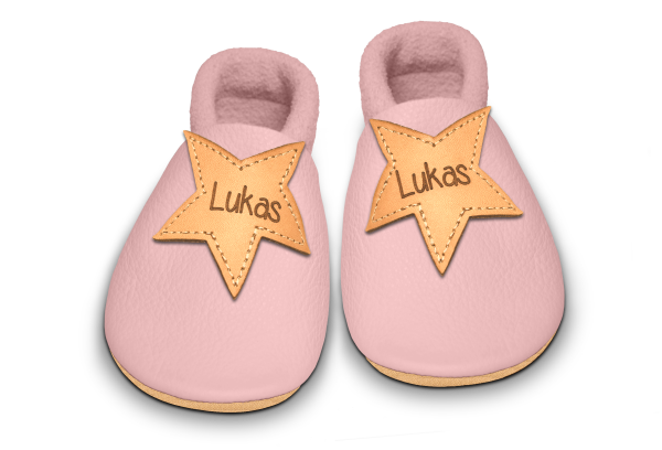 Krabbelschuhe Stern mit Namen in Rosa, Paar von oben