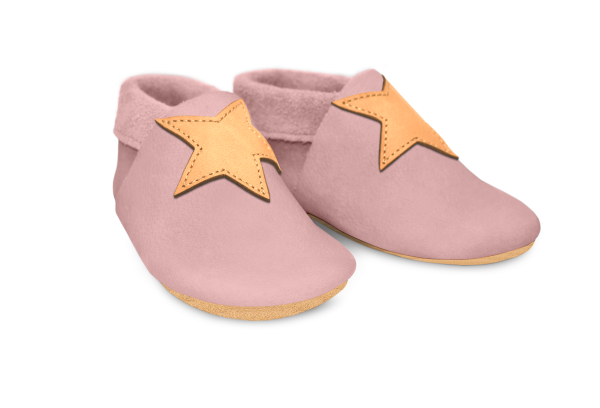 Krabbelschuhe Stern in Rosa, Paar schräg von vorn